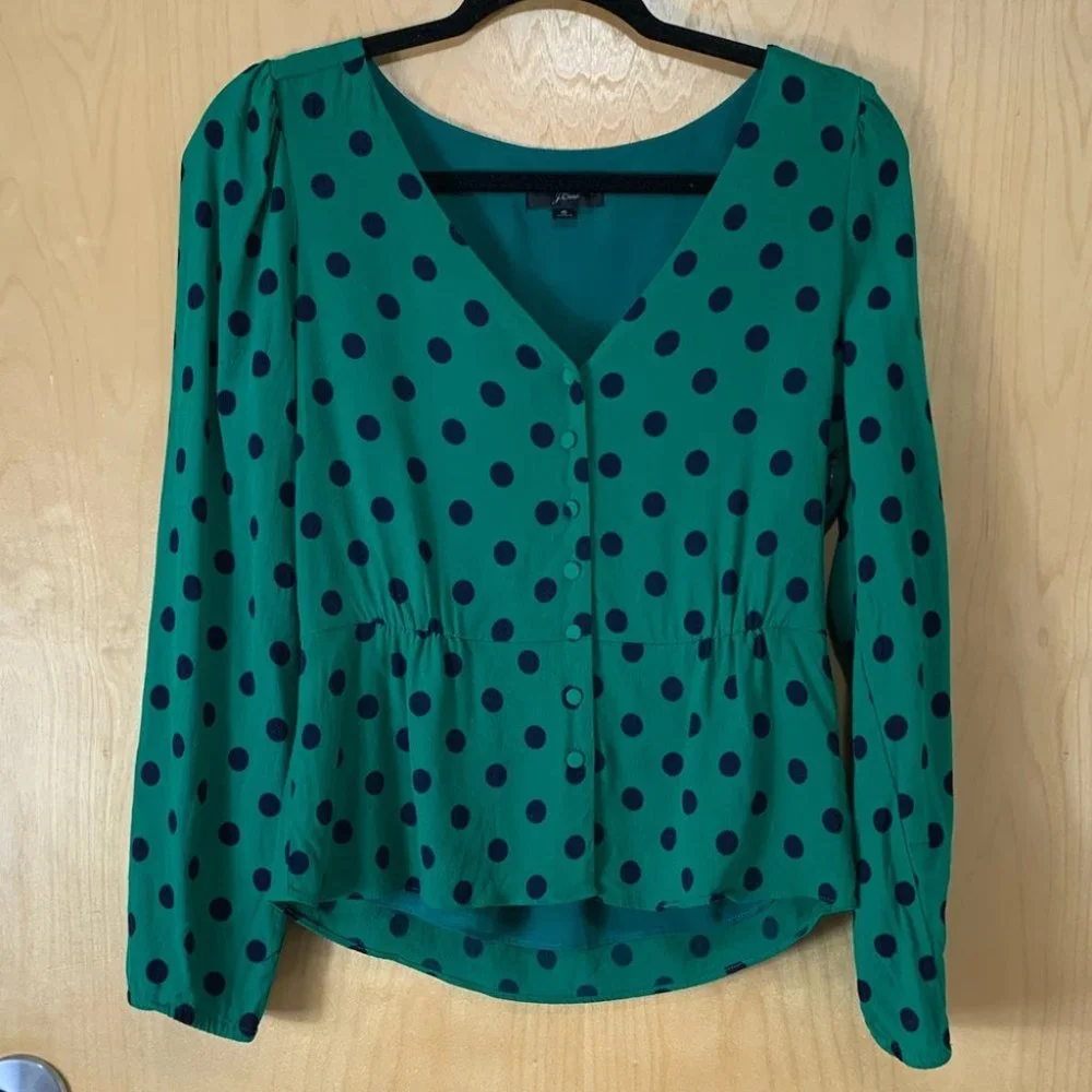 J. Crew Green & Blue Polka Dot Long Sleeves Blouse